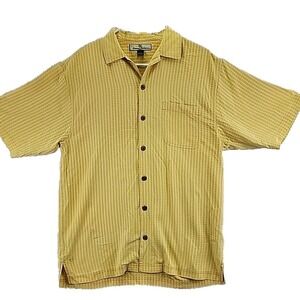 Tommy Bahama Mens Yellow Silk Striped Short Sleeve Button Up Shirt Size S